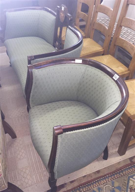 Edwardian inlaid mahogany settee and tub shaped armchair